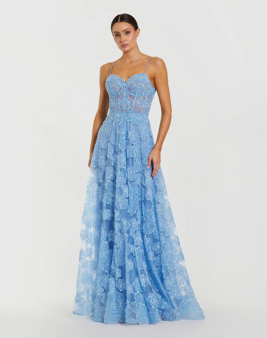Blue Embroidered Sweetheart Neck A-Line Gown