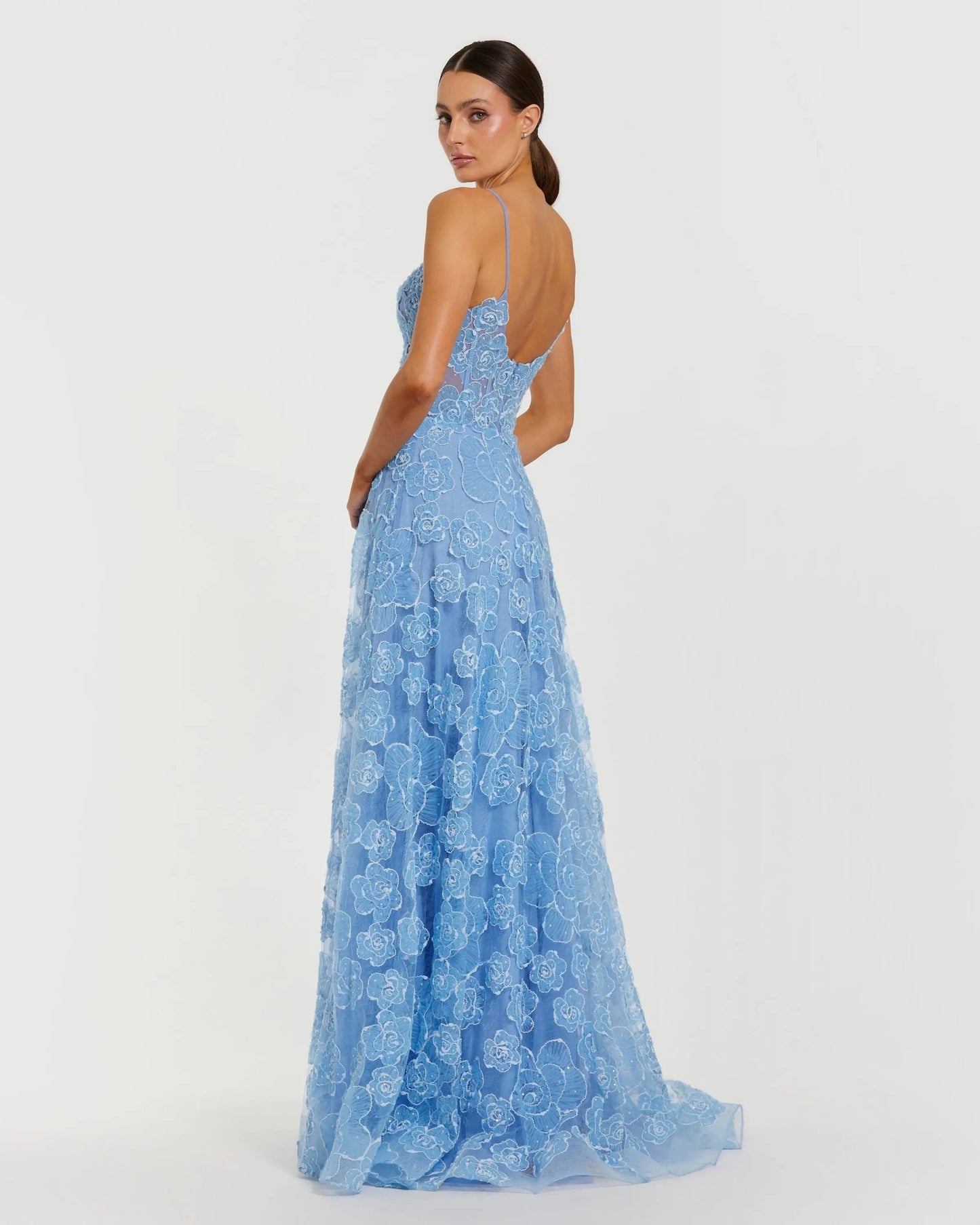 Blue Embroidered Sweetheart Neck A-Line Gown