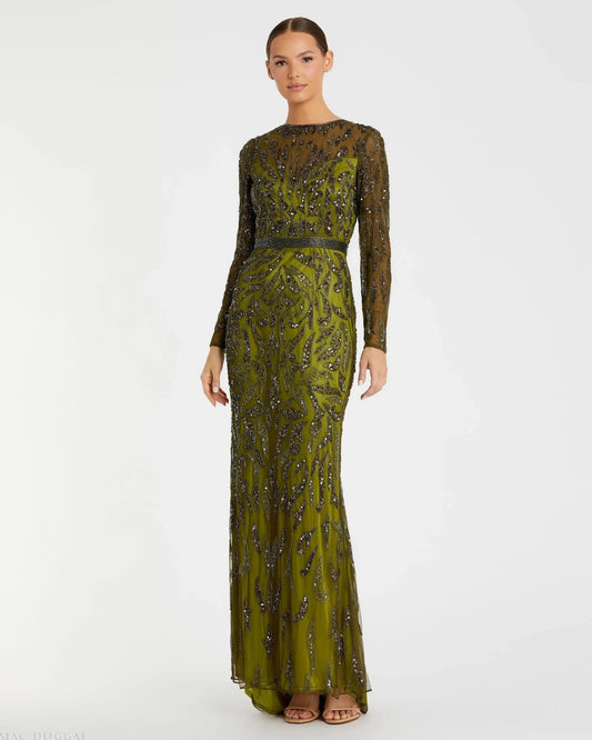 Green Long Sleeve Beaded Evening Gown