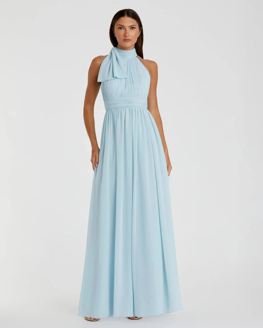 Blue High Neck Chiffon Gown