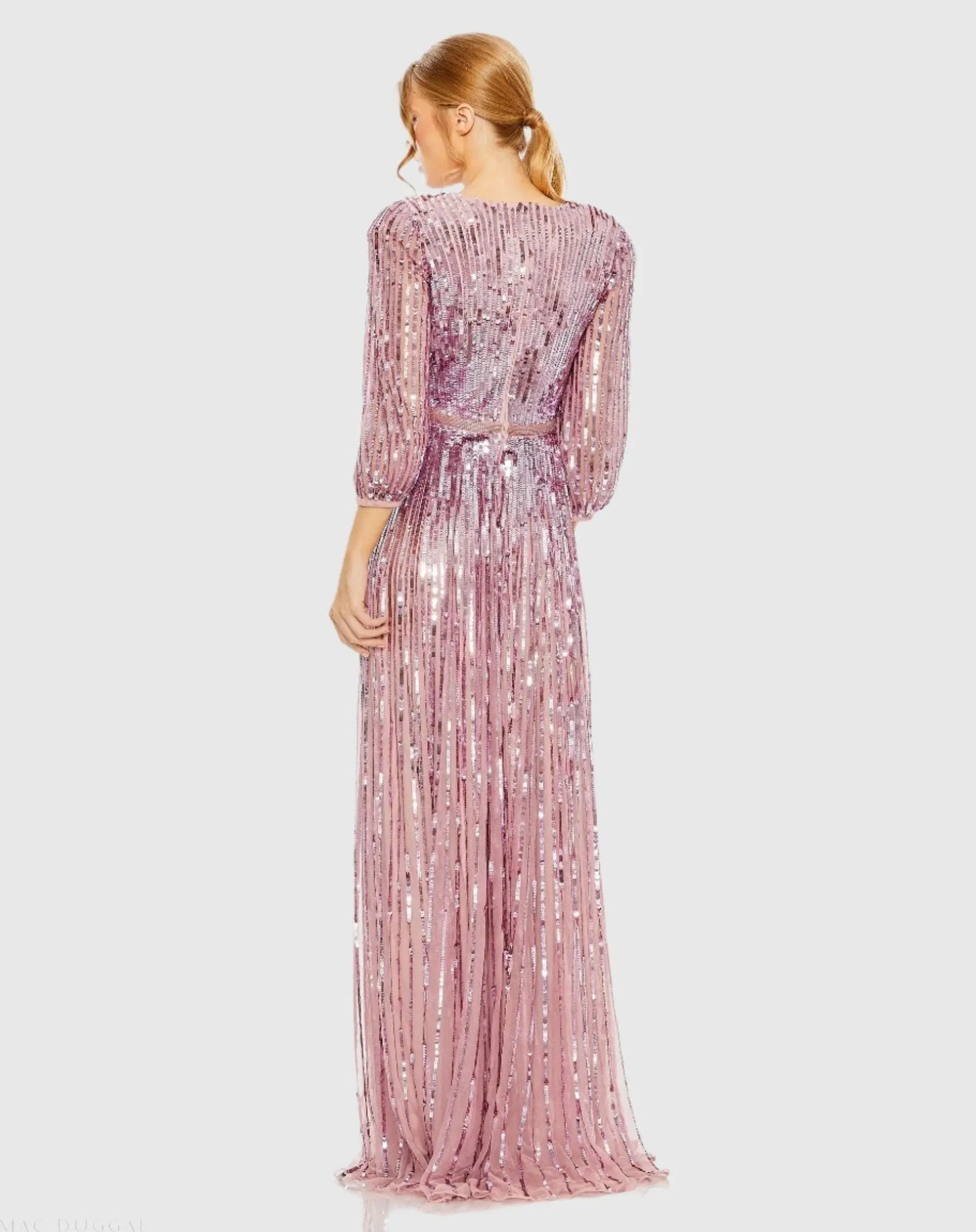 Purple Sequined Wrap Over 3/4 Sleeve Gown