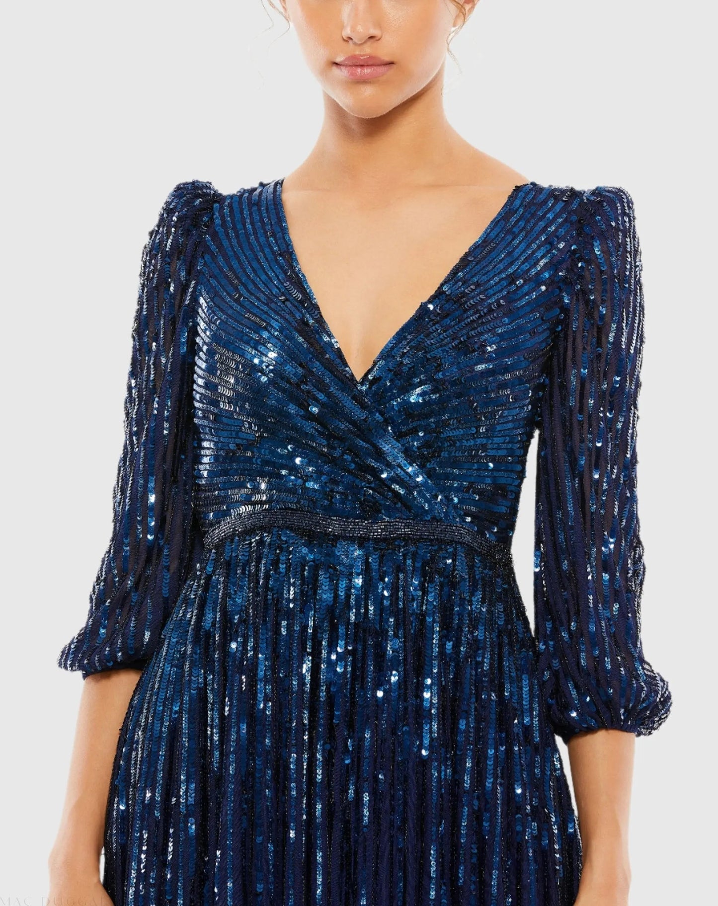 Navy Sequined Wrap Over 3/4 Sleeve Gown