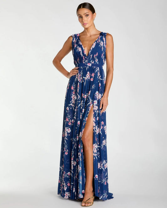 Dark Blue Sleeveless Pleated Floral Print Chiffon V-Neck Gown