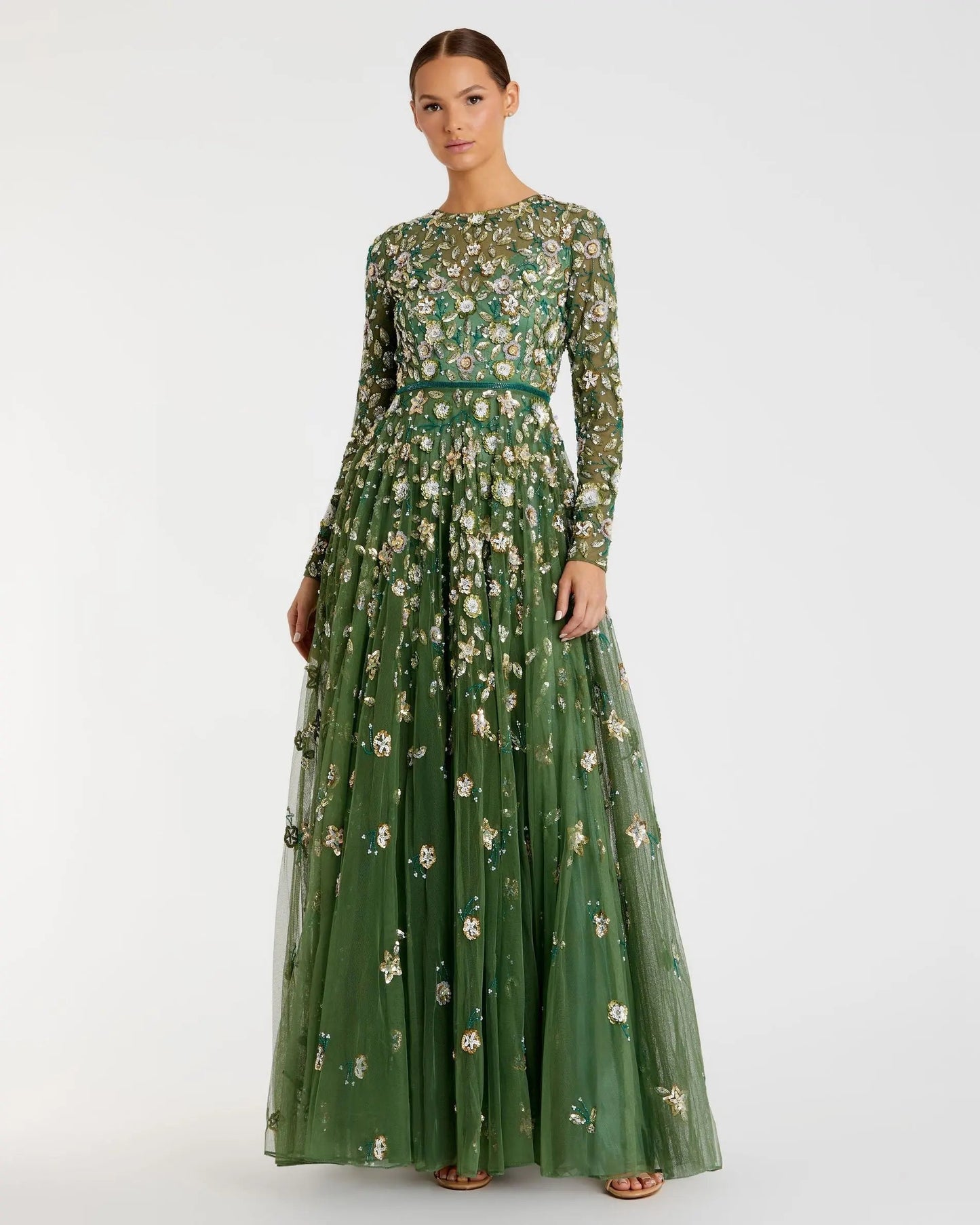 Green Embellished High Neck Long Sleeve A Line Gown