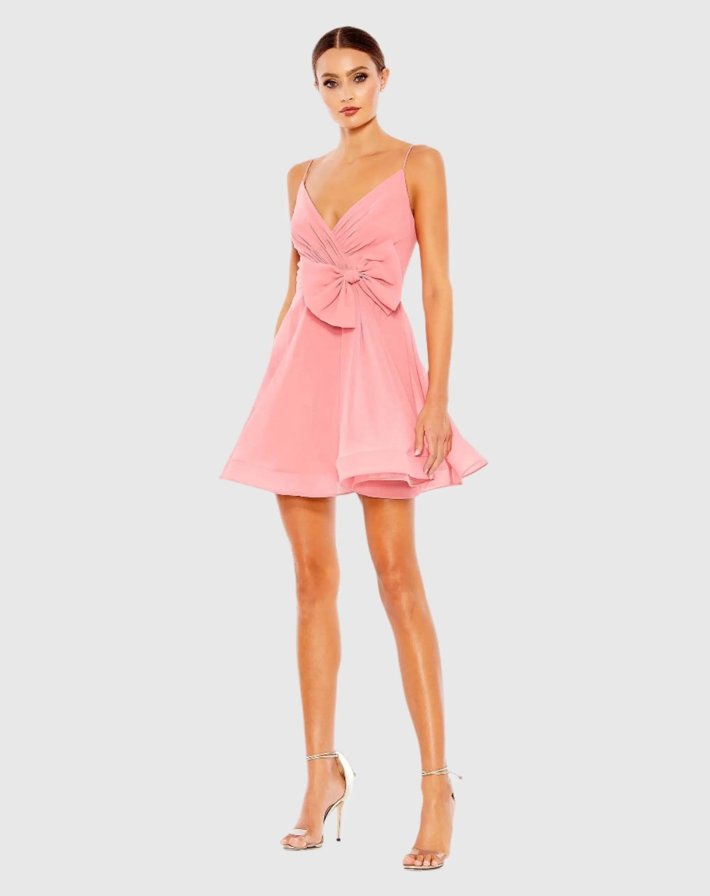Pink Faux Wrap Bow Detail Flowy Mini Dress