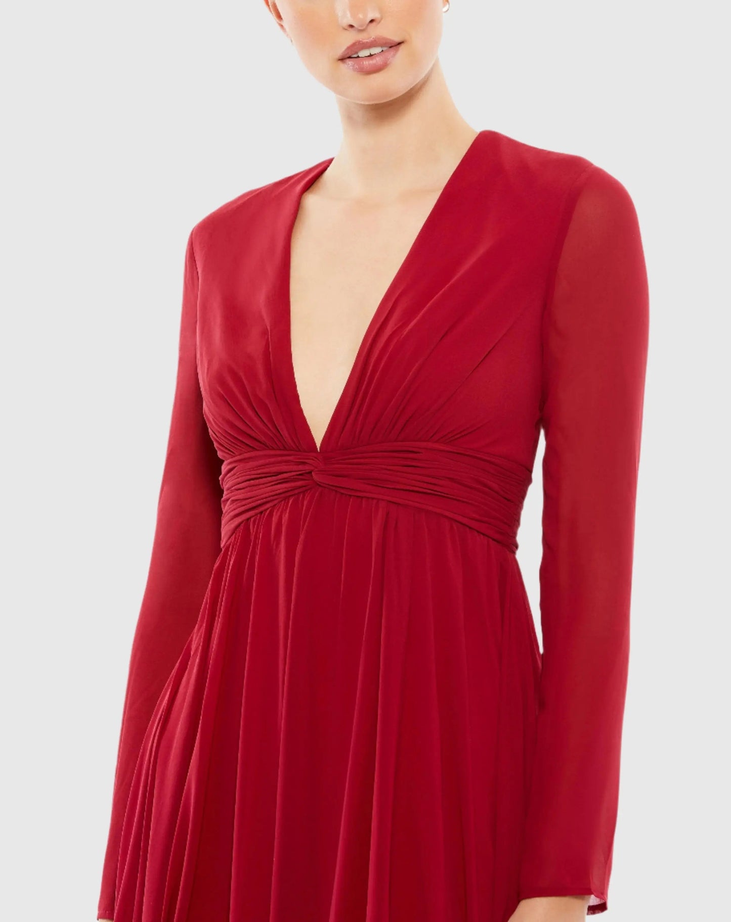 Red V-Neck Front Twist Long Sleeve Gown