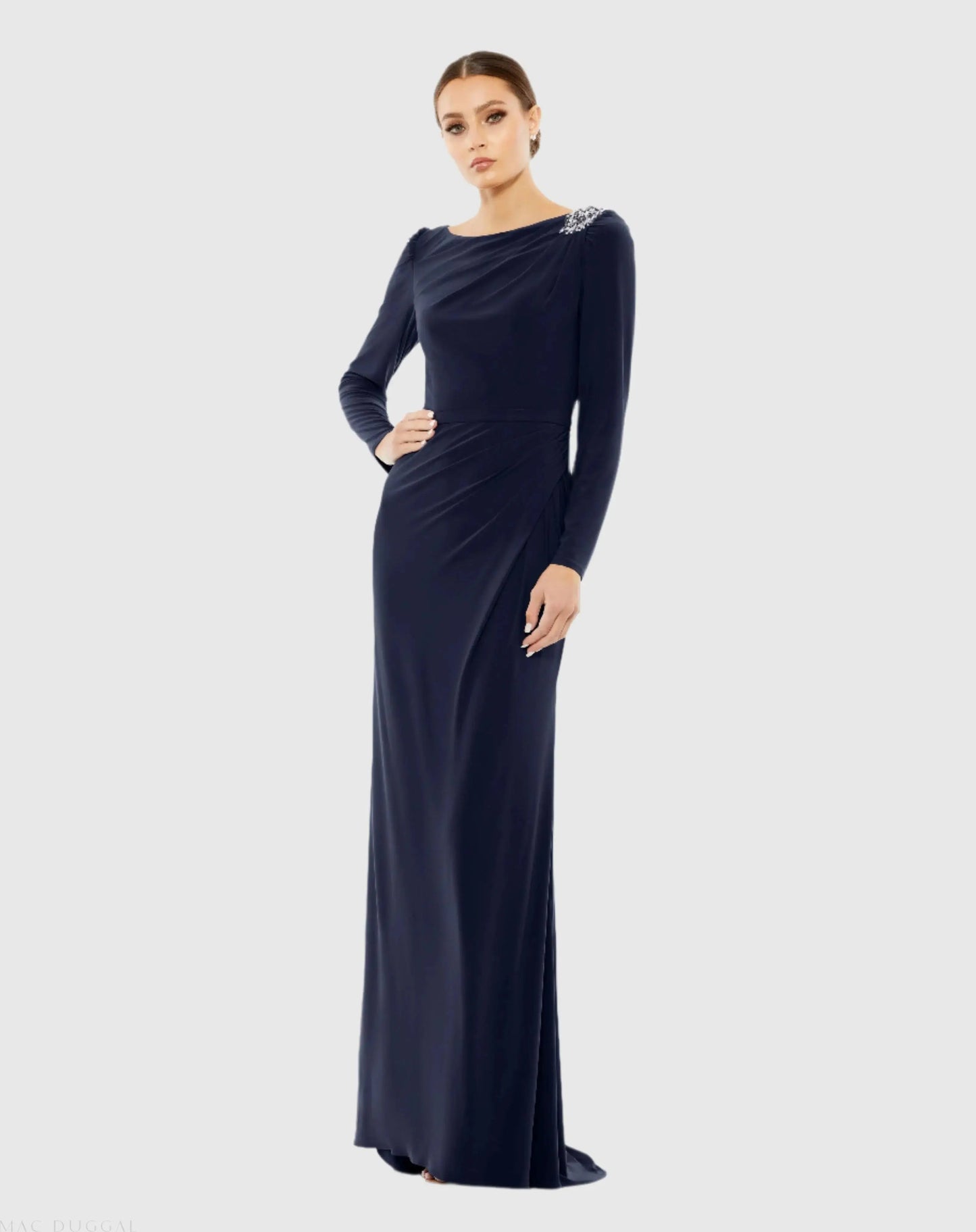 Navy Draped Bateau Long Sleeve Trumpet Gown