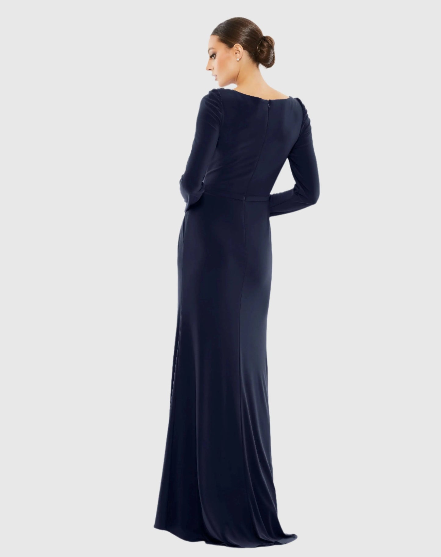 Navy Draped Bateau Long Sleeve Trumpet Gown