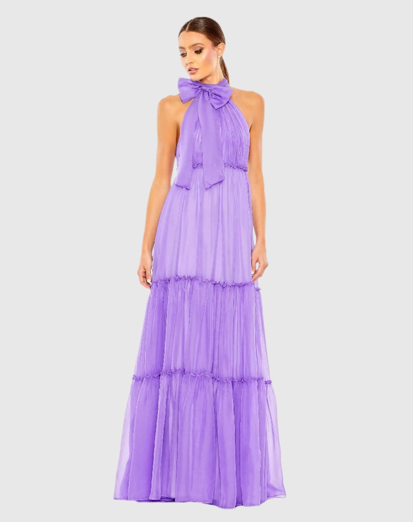 Purple Ruched Tiered High Neck Bow A Line Gown