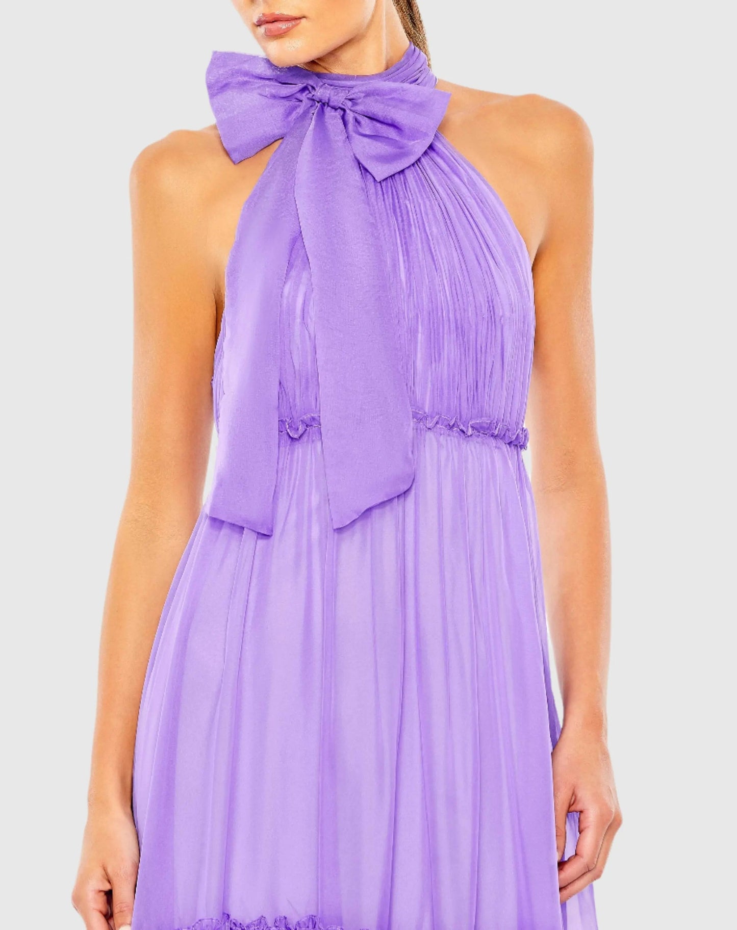 Purple Ruched Tiered High Neck Bow A Line Gown