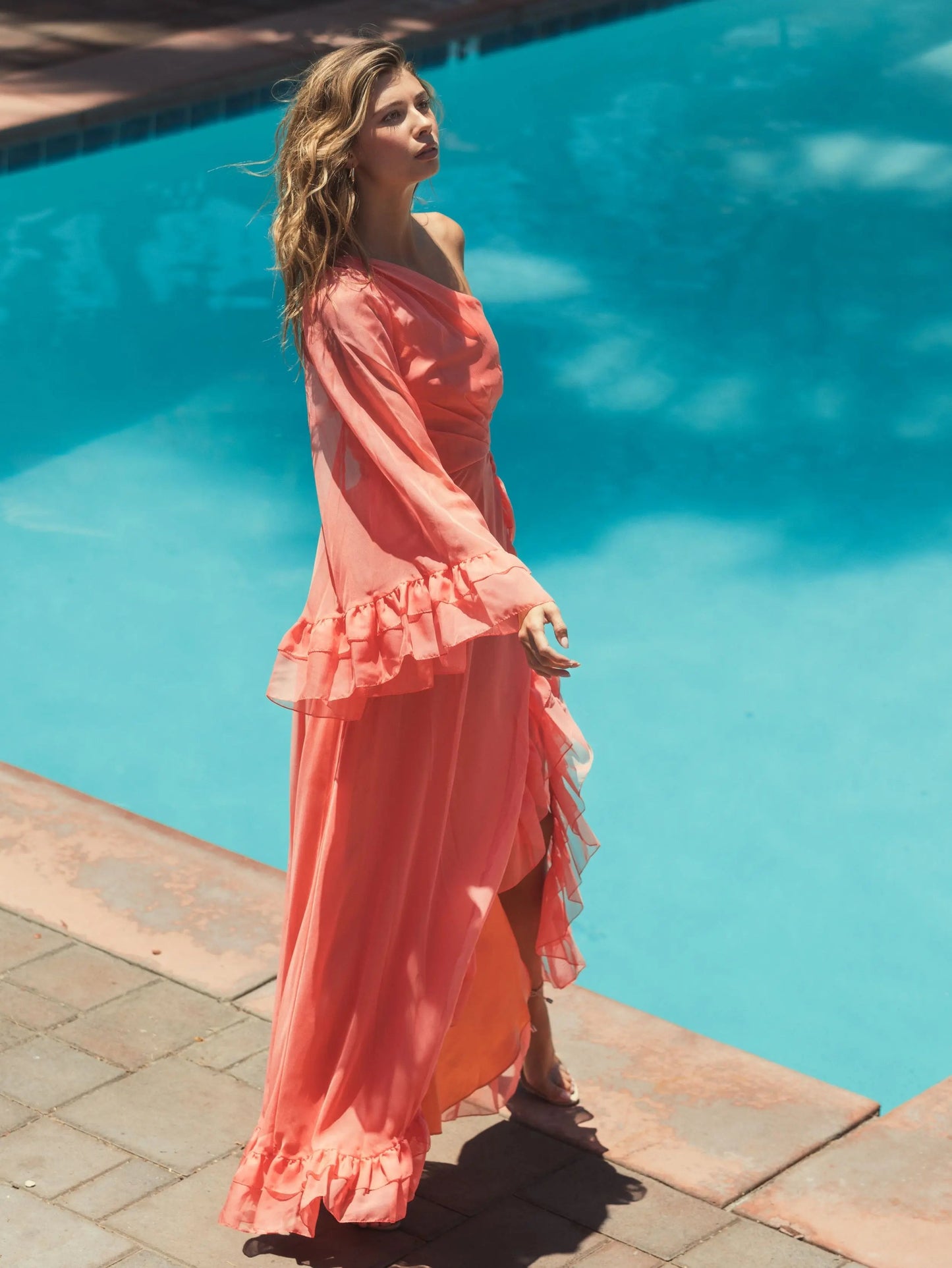 Orange One Sleeve Ruffled Hem Gown - FINAL SALE