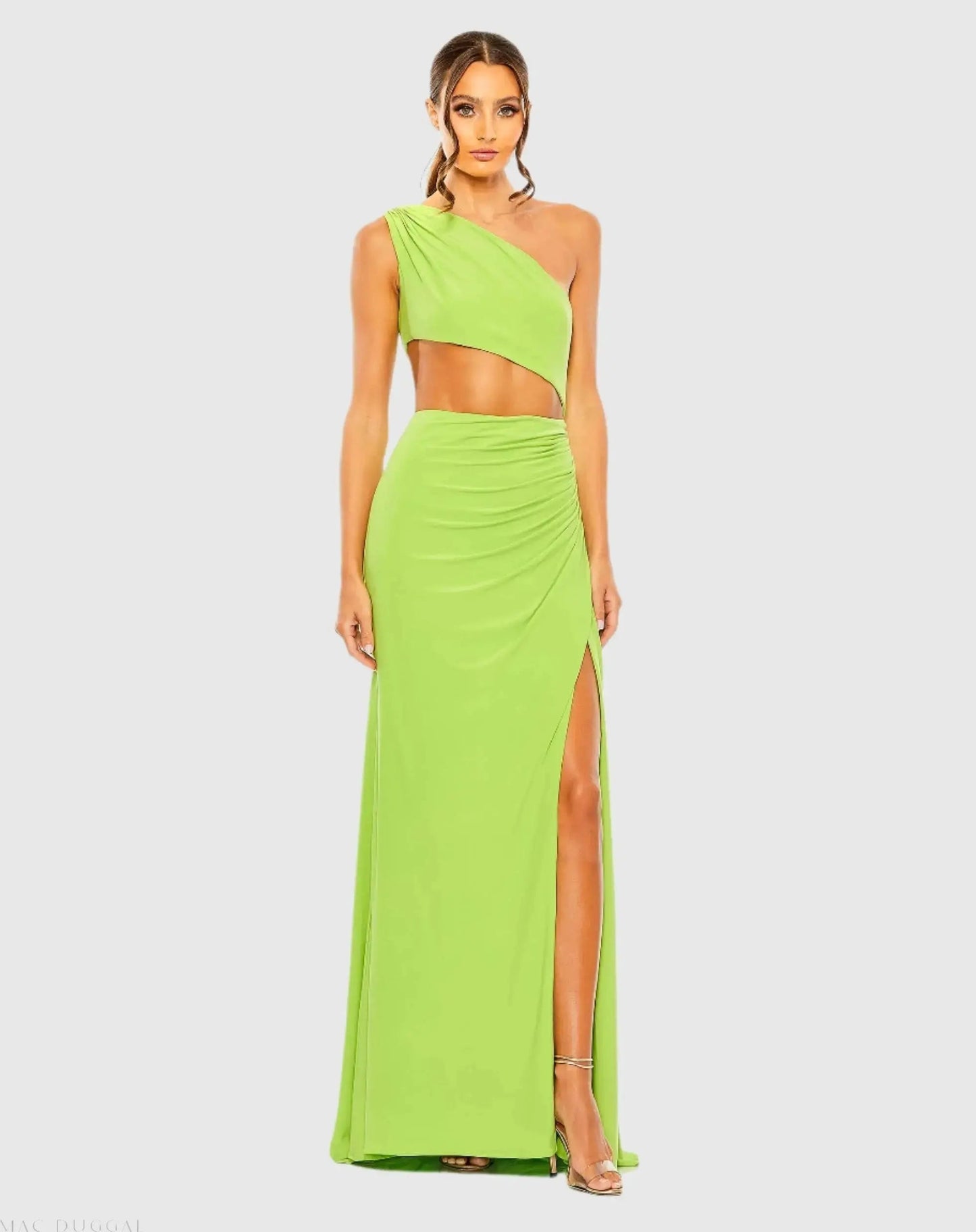 Green Cut Out One Shoulder Ruched Back Gown - Final Sale
