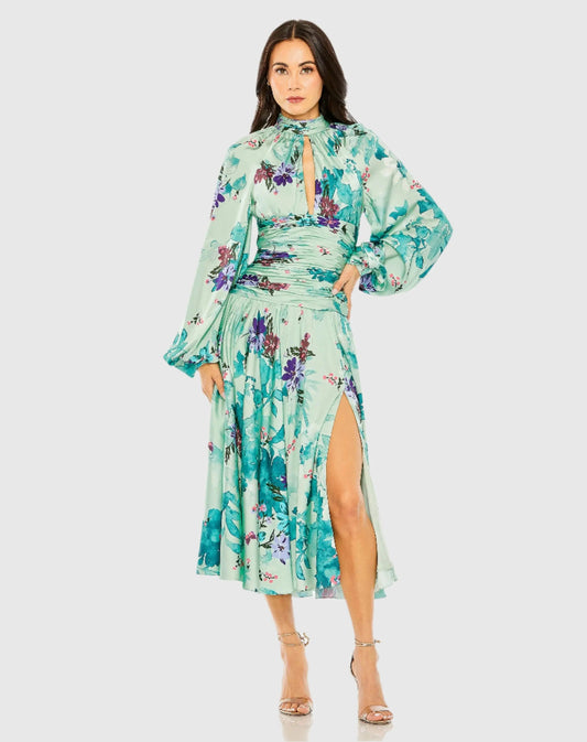 Green Keyhole Satin Long Sleeve Floral Dress