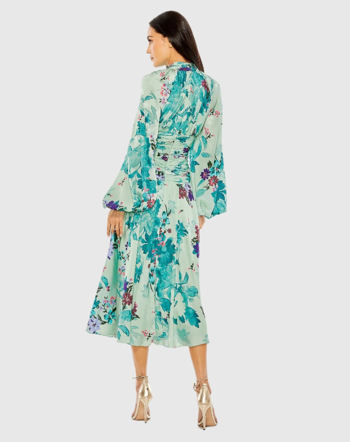 Green Keyhole Satin Long Sleeve Floral Dress