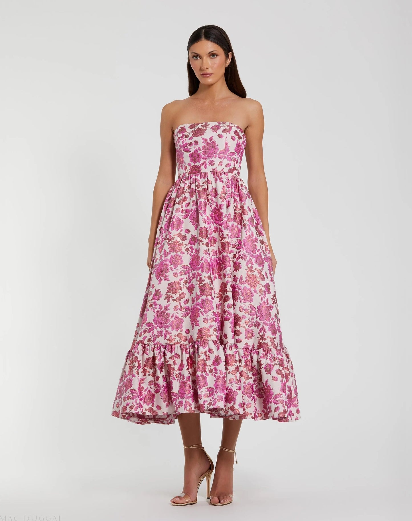 Pink Floral Brocade Strapless A Line Midi Dress