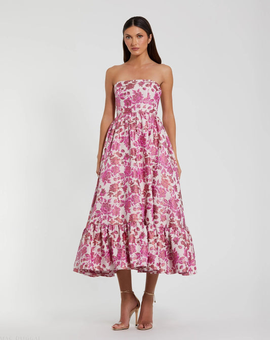 Pink Floral Brocade Strapless A Line Midi Dress
