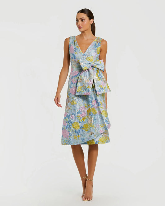 Blue Floral Brocade Sleeveless Midi Dress With Bow