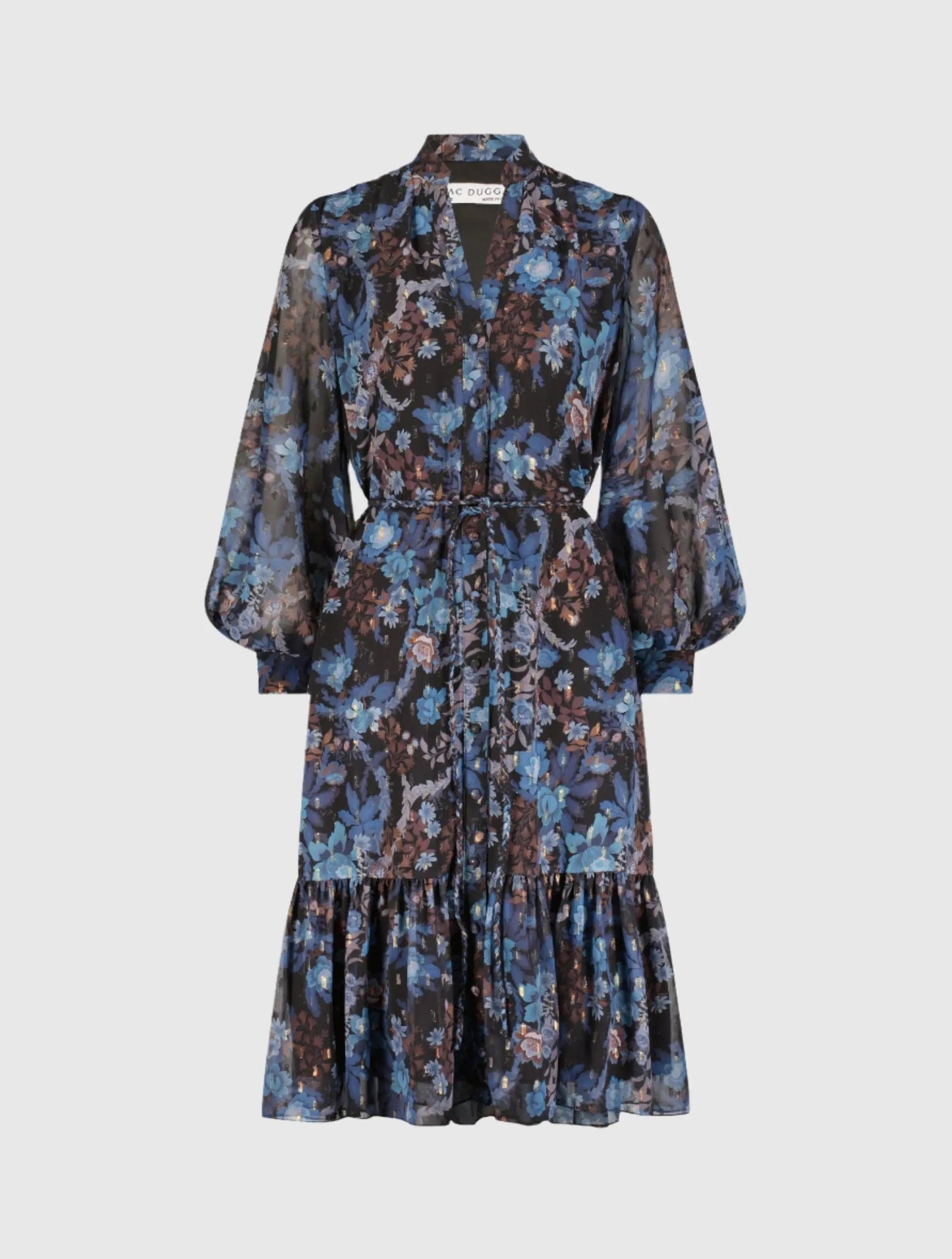 Blue Lurex Chiffon Bishop Sleeve Button Up Midi Dress