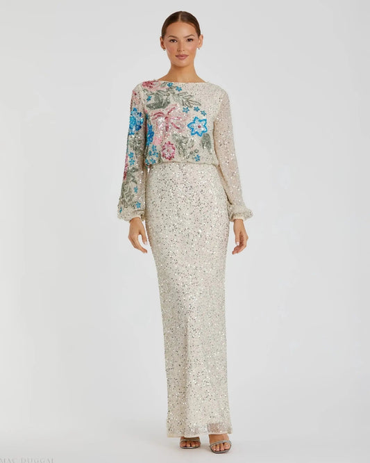 Beige High Neck Long Sleeve Sequin Gown