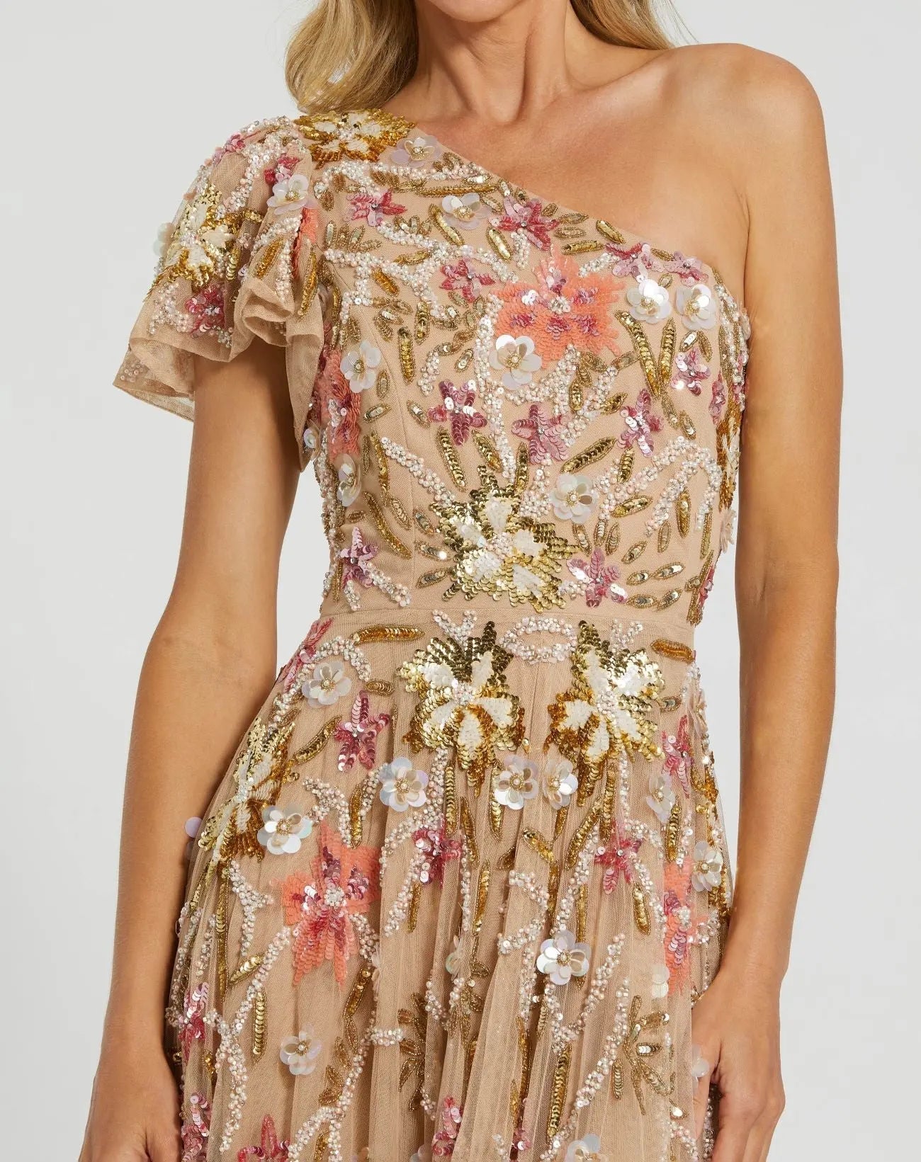Gold One Shoulder Floral Embellished Gown