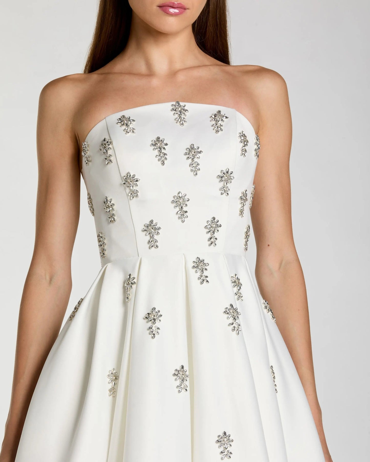 White Crystal Embellished Strapless Satin A-Line Dress