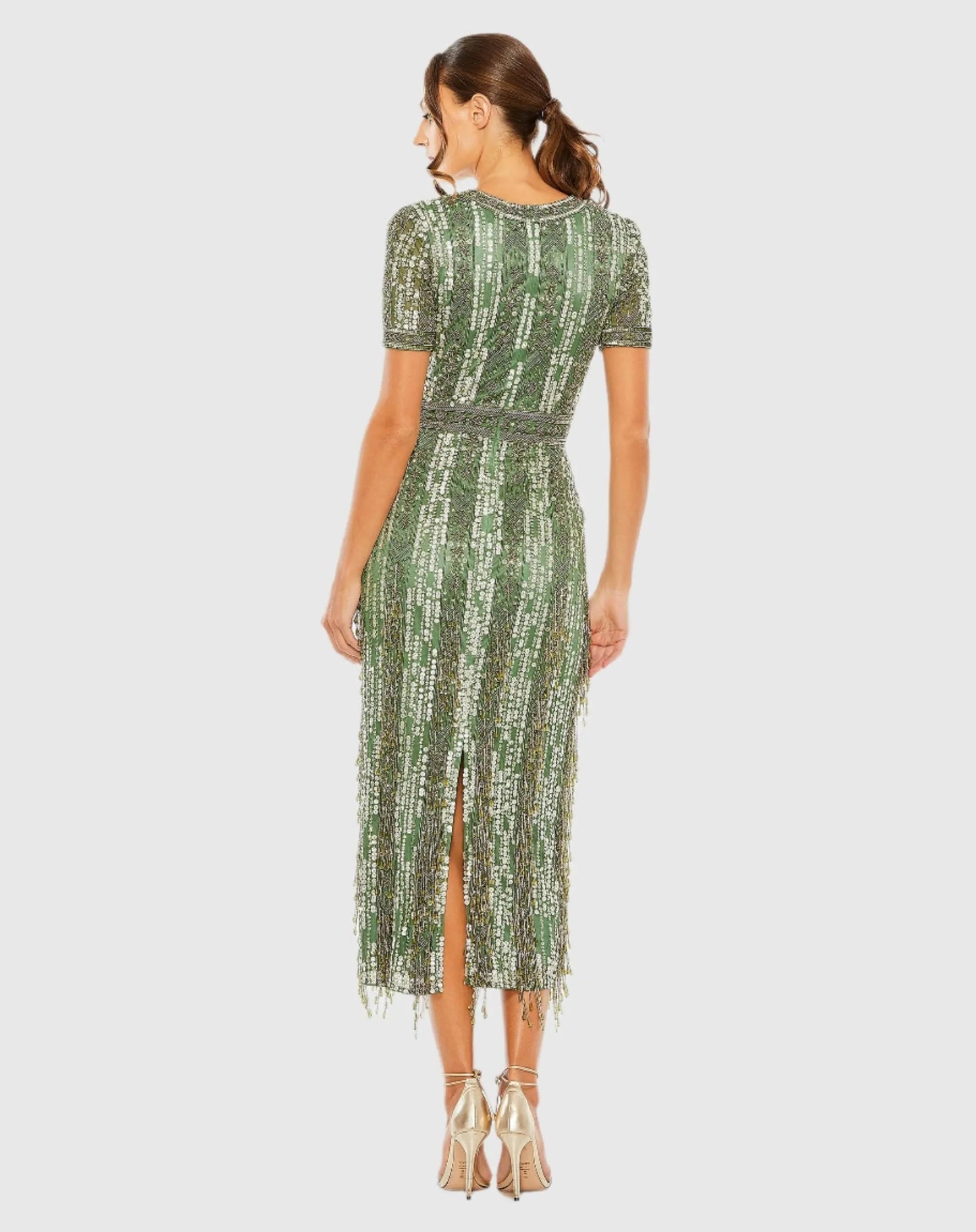 Green High Neck Short Sleeve Crystal Fringe Sheath Dress