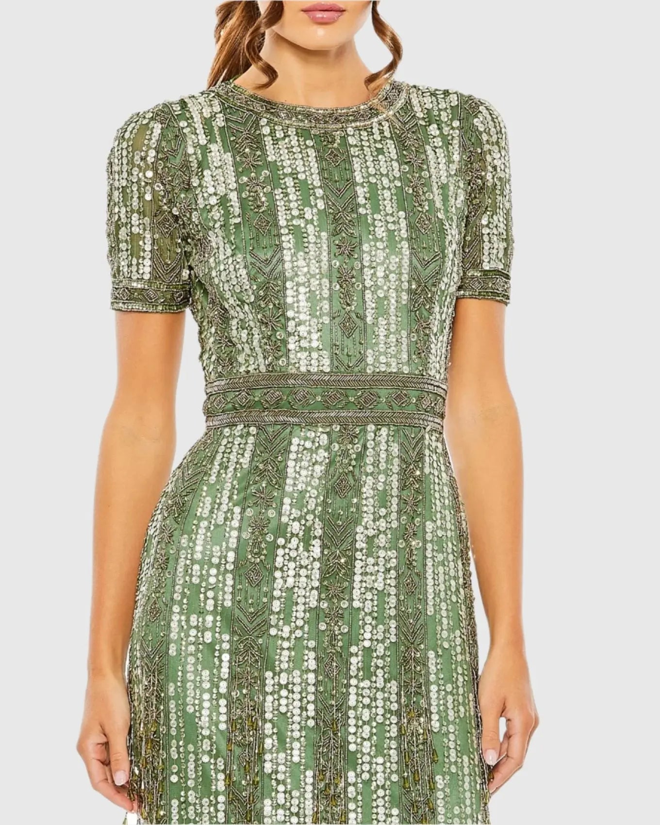 Green High Neck Short Sleeve Crystal Fringe Sheath Dress