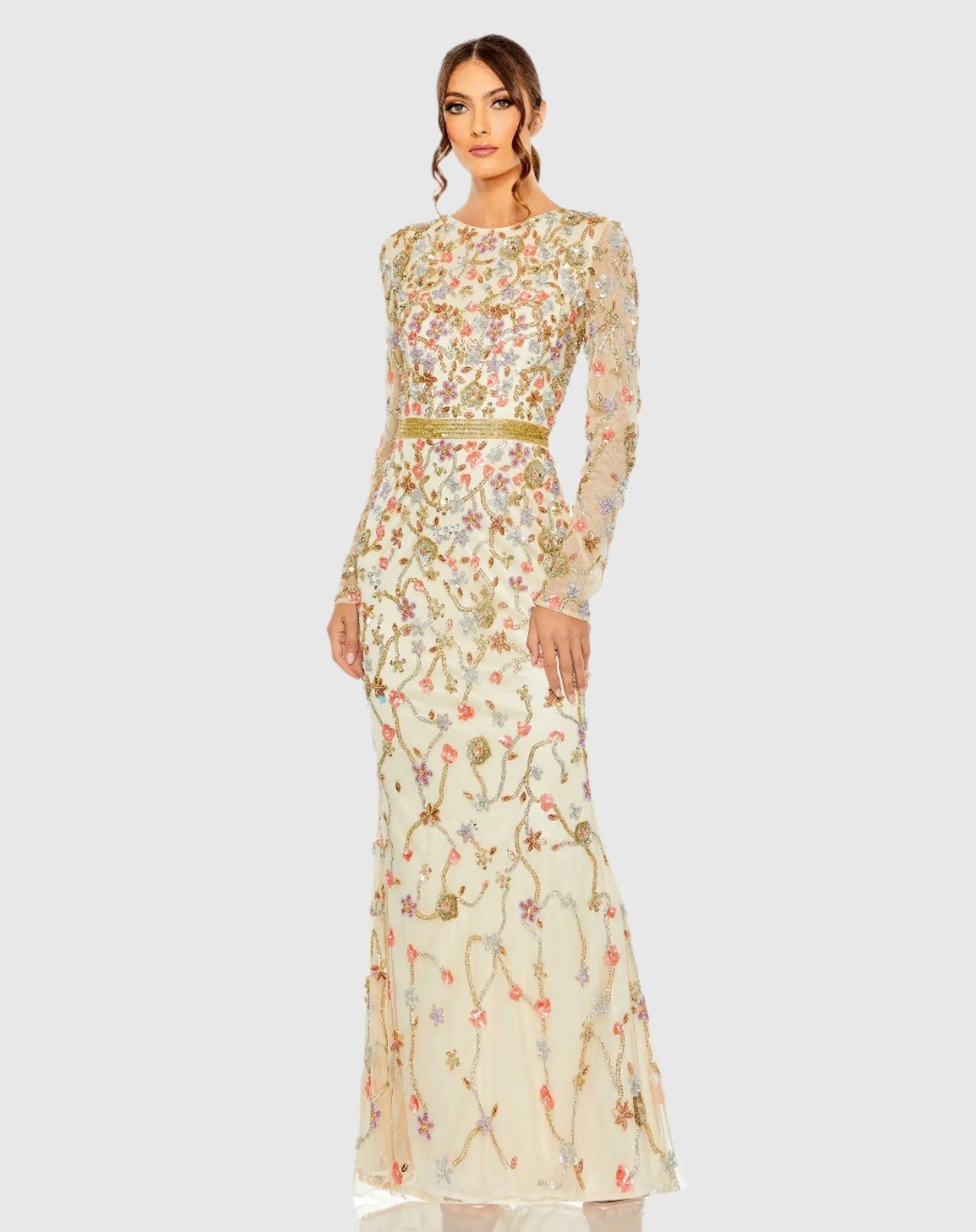 White Long Sleeve Floral Embellished Gown