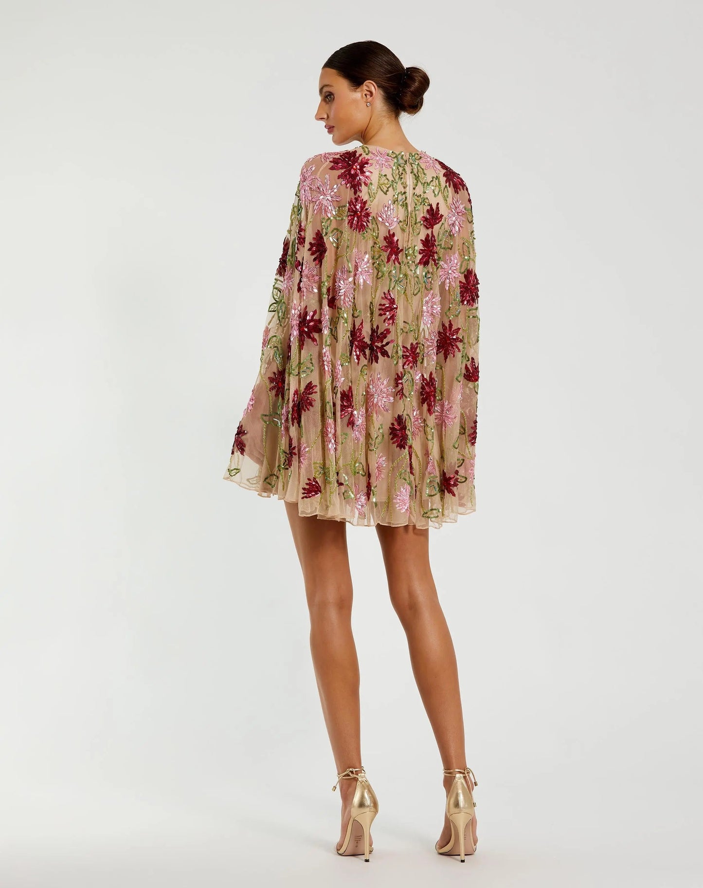 Beige Floral Embellished Shawl Mini Dress
