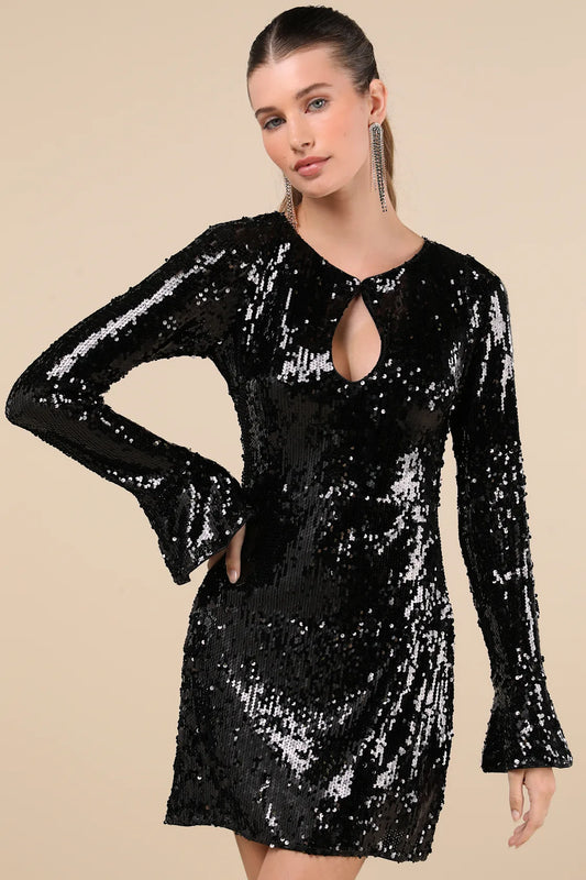 Fabulous Sparkle Black Sequin Cutout Long Sleeve Mini Dress