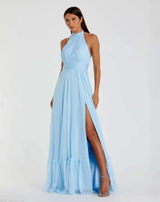 Blue High Neck Tiered Chiffon Halter Gown