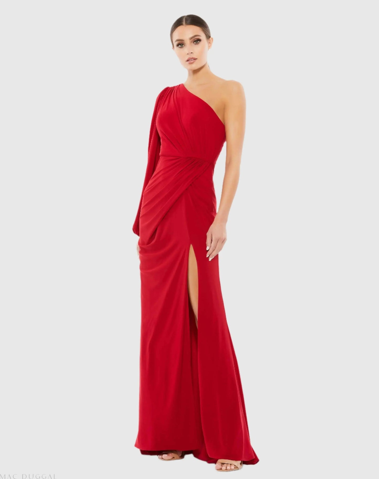 Red One Shoulder Puff Sleeve Faux Wrap Gown - FINAL SALE