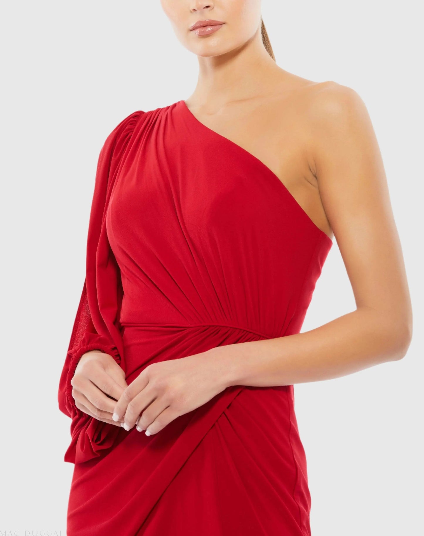 Red One Shoulder Puff Sleeve Faux Wrap Gown - FINAL SALE