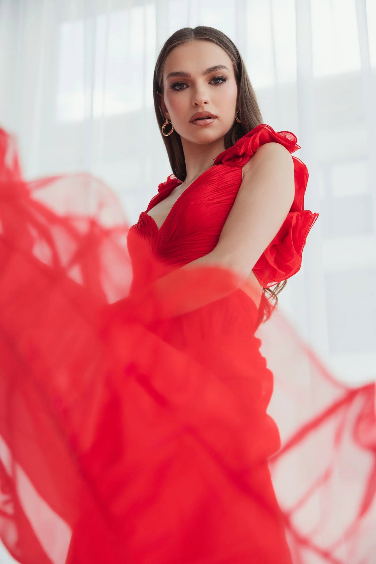 Red Ruffle Tiered Cut-Out Chiffon Gown - FINAL SALE