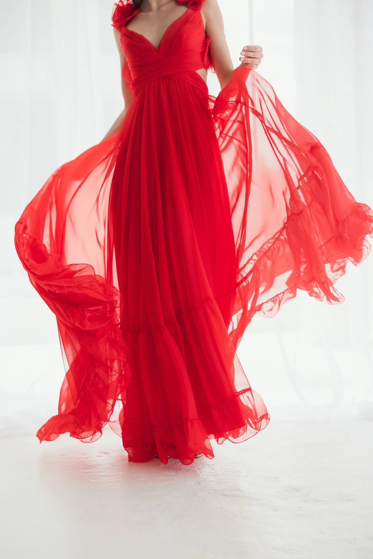 Red Ruffle Tiered Cut-Out Chiffon Gown - FINAL SALE
