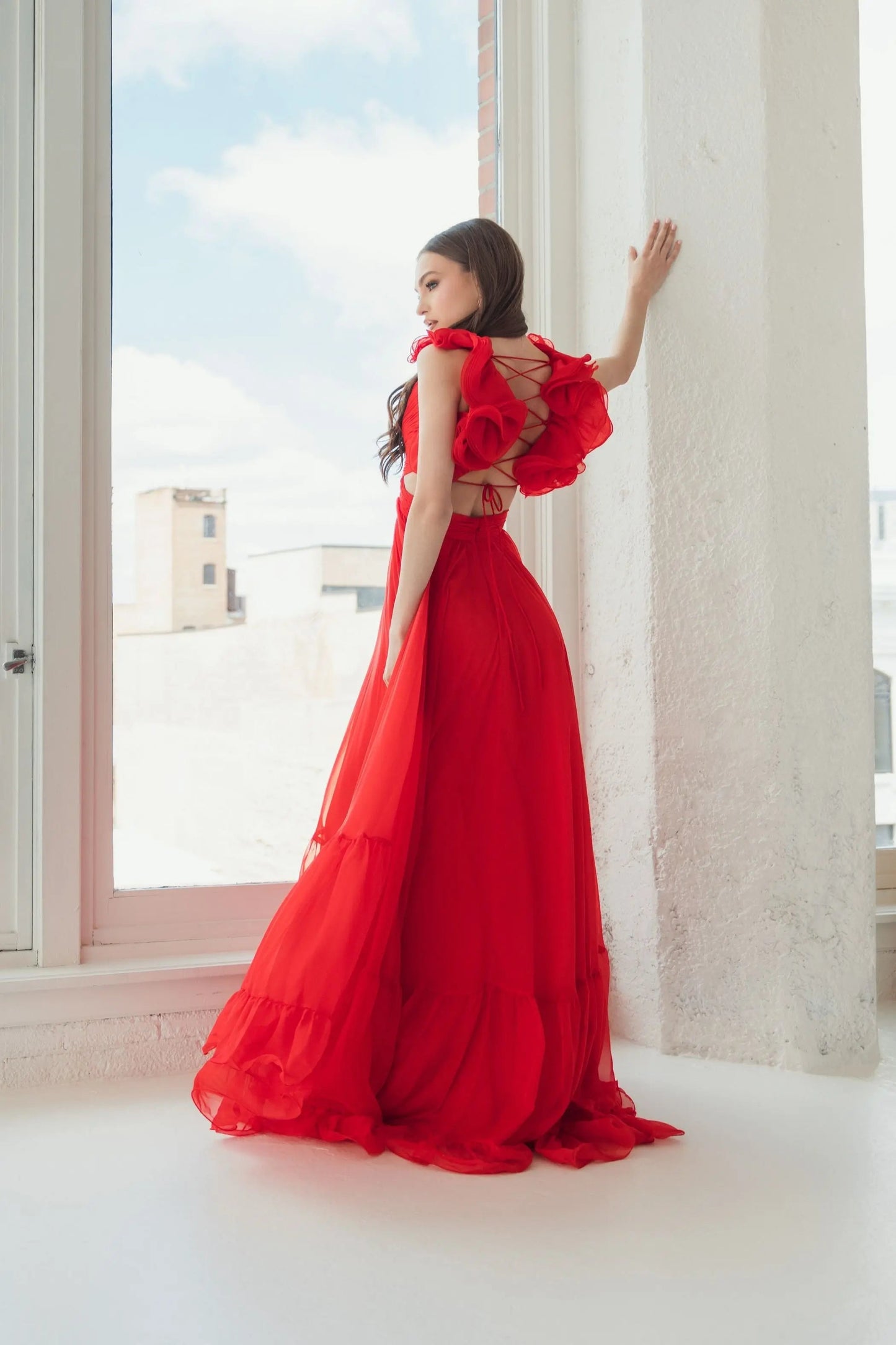 Red Ruffle Tiered Cut-Out Chiffon Gown - FINAL SALE
