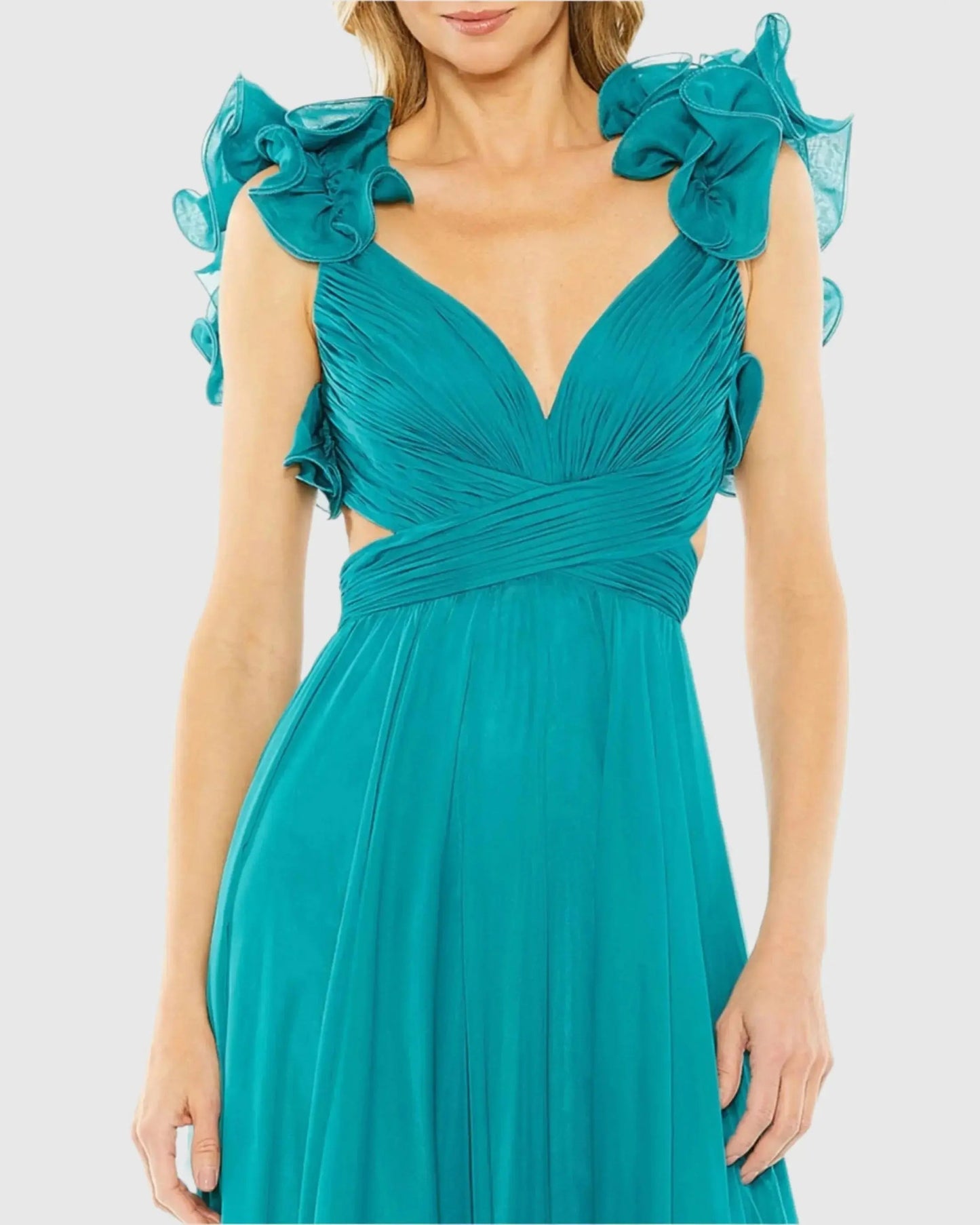 Blue Ruffle Tiered Cut-Out Chiffon Gown