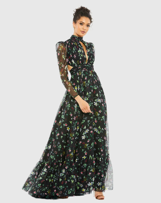 Black Floral High Neck Puff Sleeve Gown