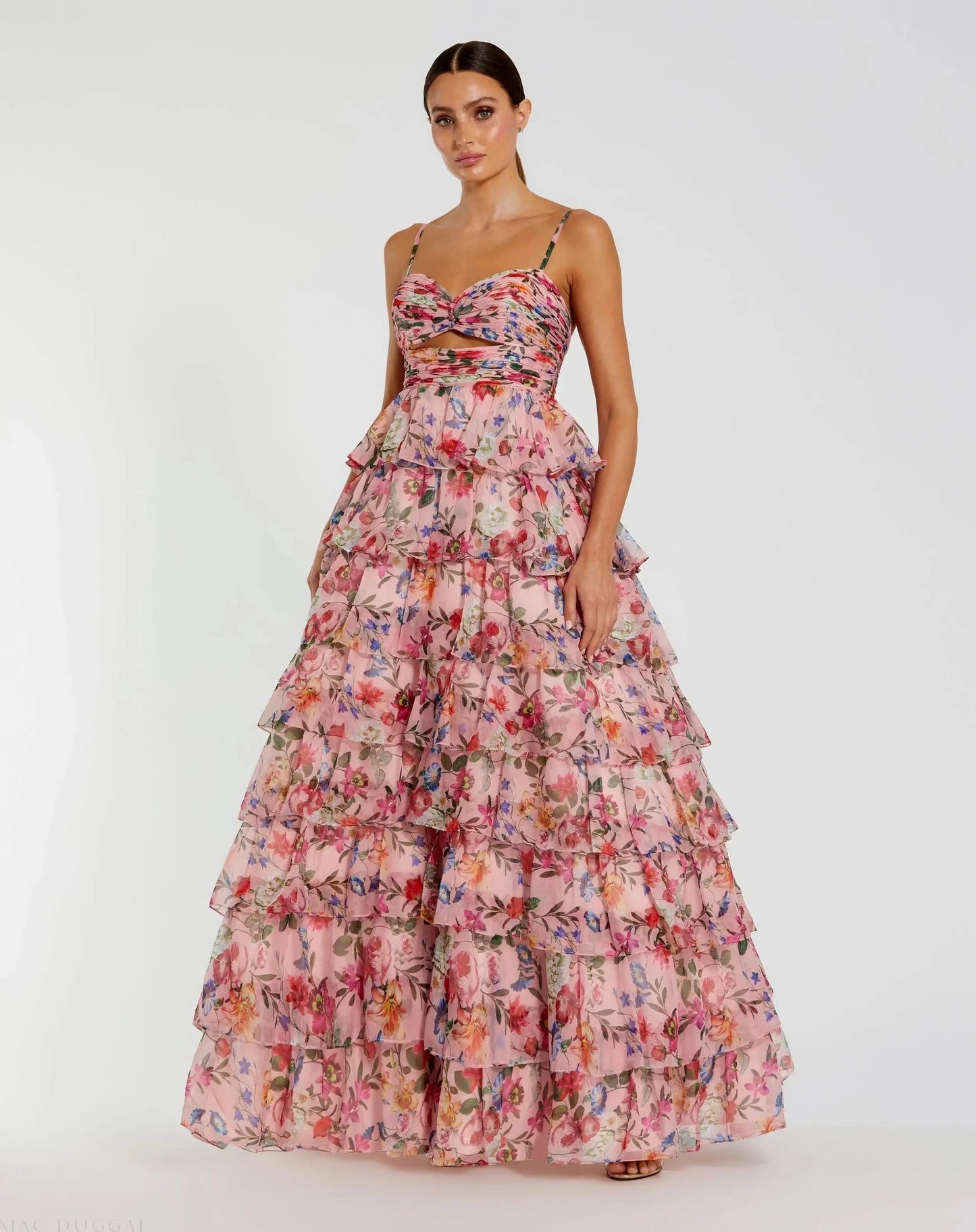 Pink Floral Cut Out Ruffle Tiered Gown