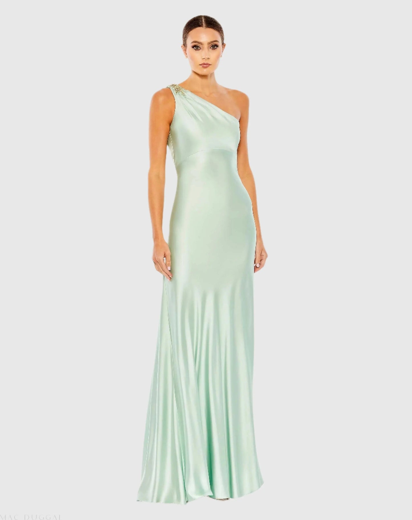 Green Beaded One Shoulder Column Gown