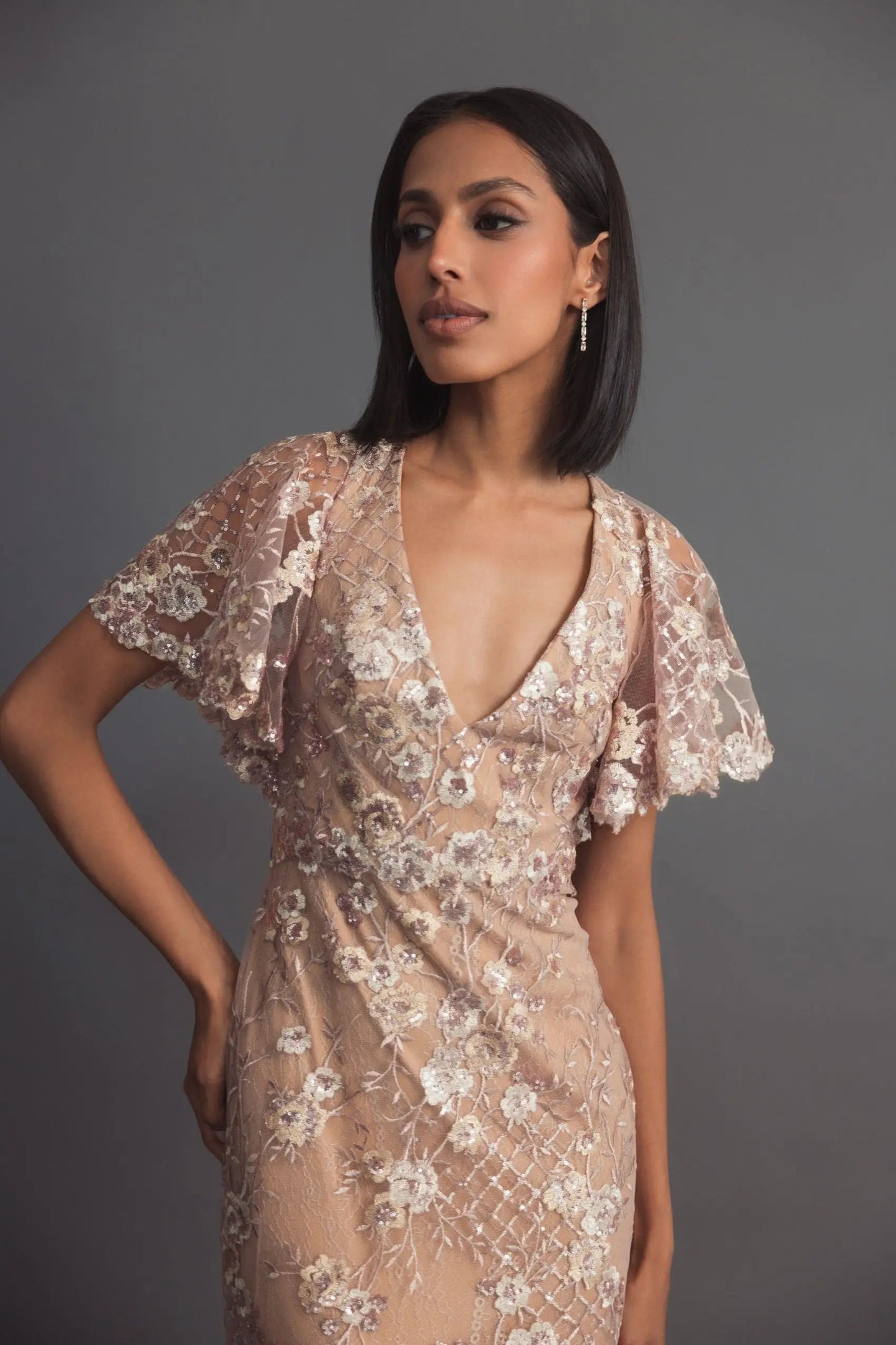 Pink Embellished Lace V Neck Butterfly Sleeve Gown