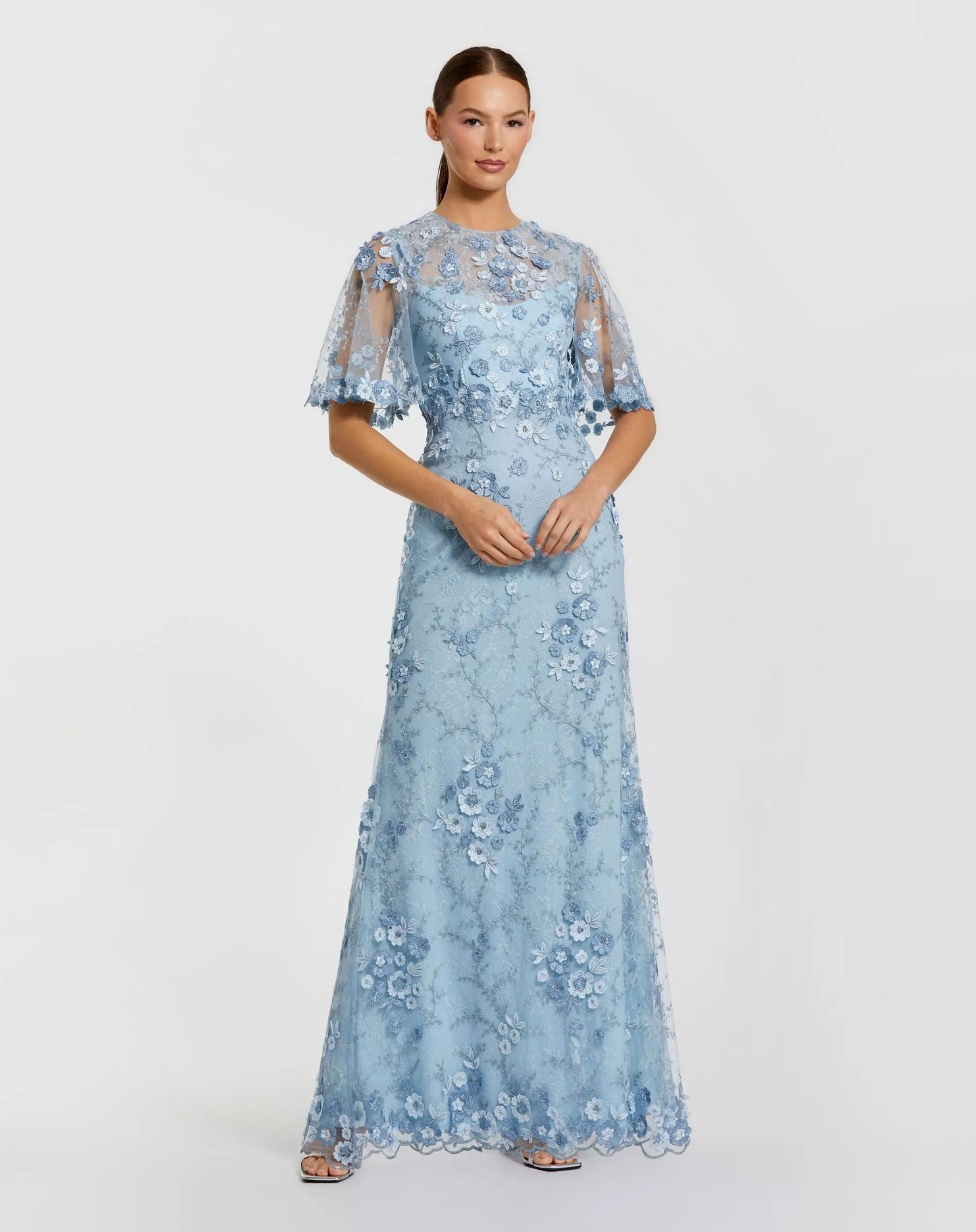 Blue Flutter Sleeve Floral Embroidered Net Gown