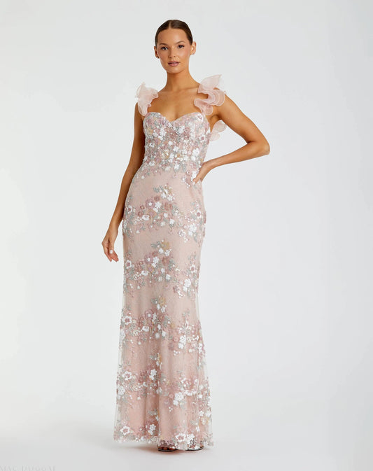 Pink Embroidered Floral Column Gown with Ruffle Straps