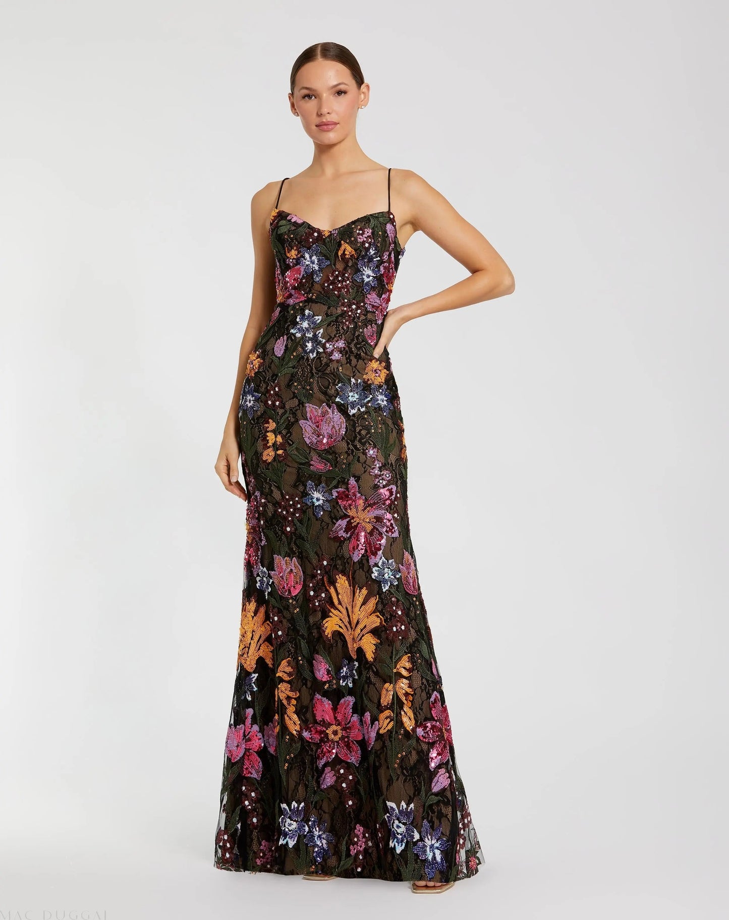 Black Multicolor Floral Embroidered Trumpet Gown