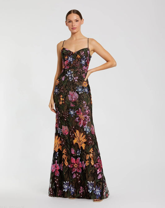 Black Multicolor Floral Embroidered Trumpet Gown