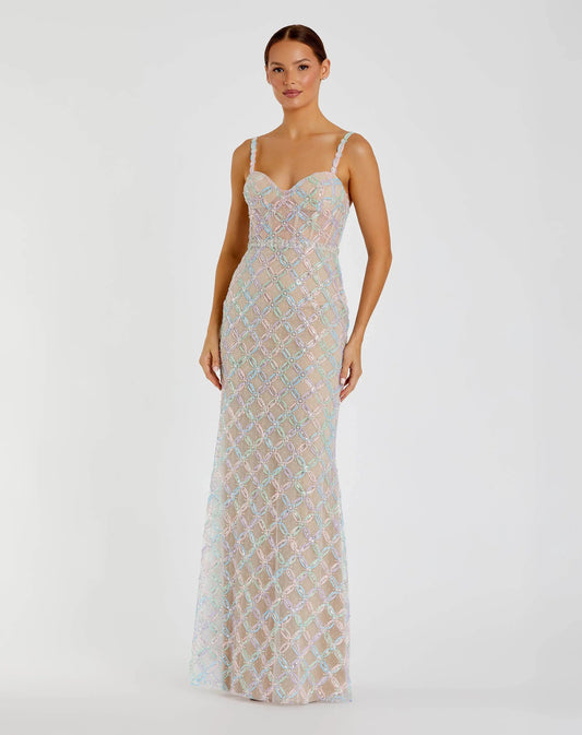 Beige Multicolor Pearl Embellished Bustier Column Gown