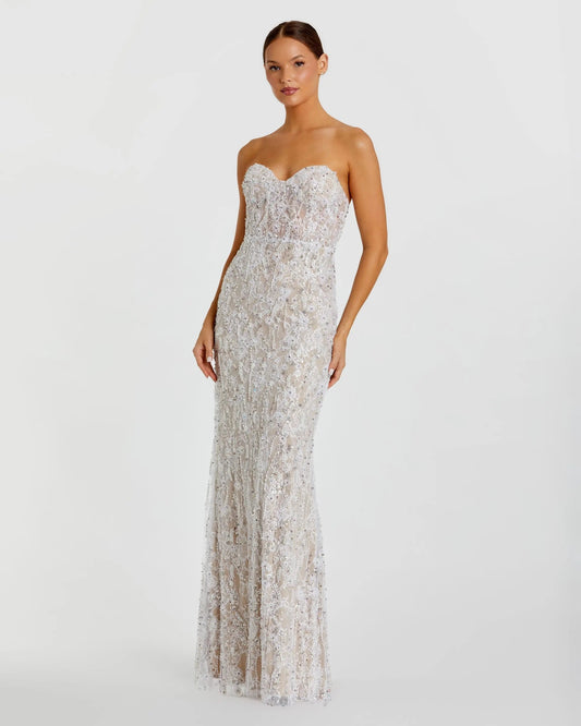 Ivory Embellished Lace Strapless Bustier Gown