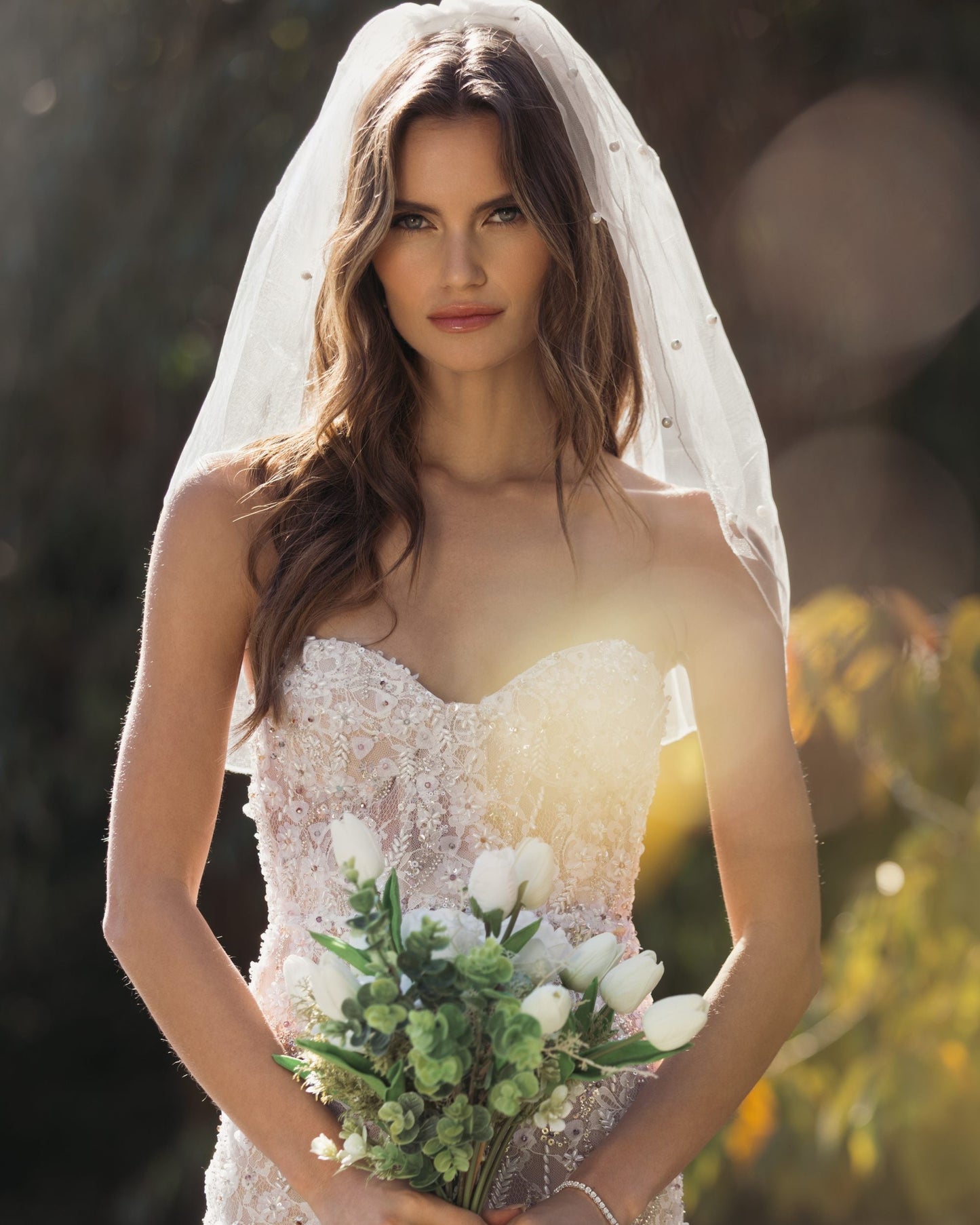 Ivory Embellished Lace Strapless Bustier Gown