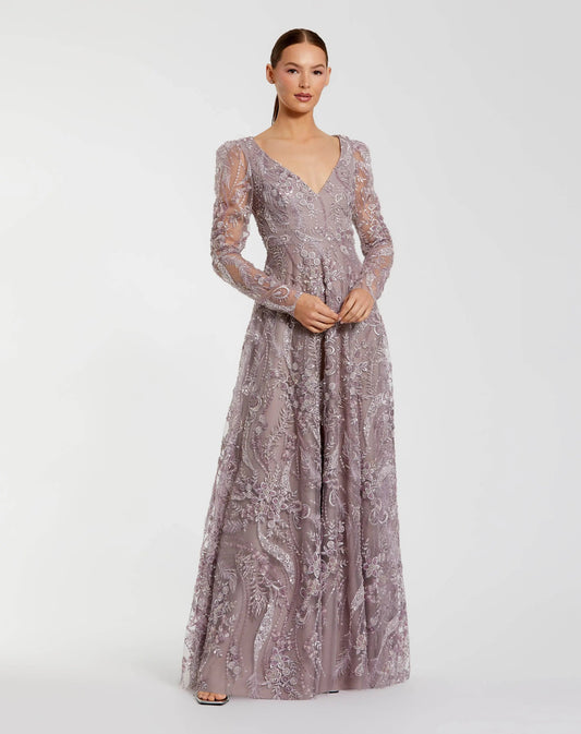 Purple Embroidered Long Sleeve V Neck Gown