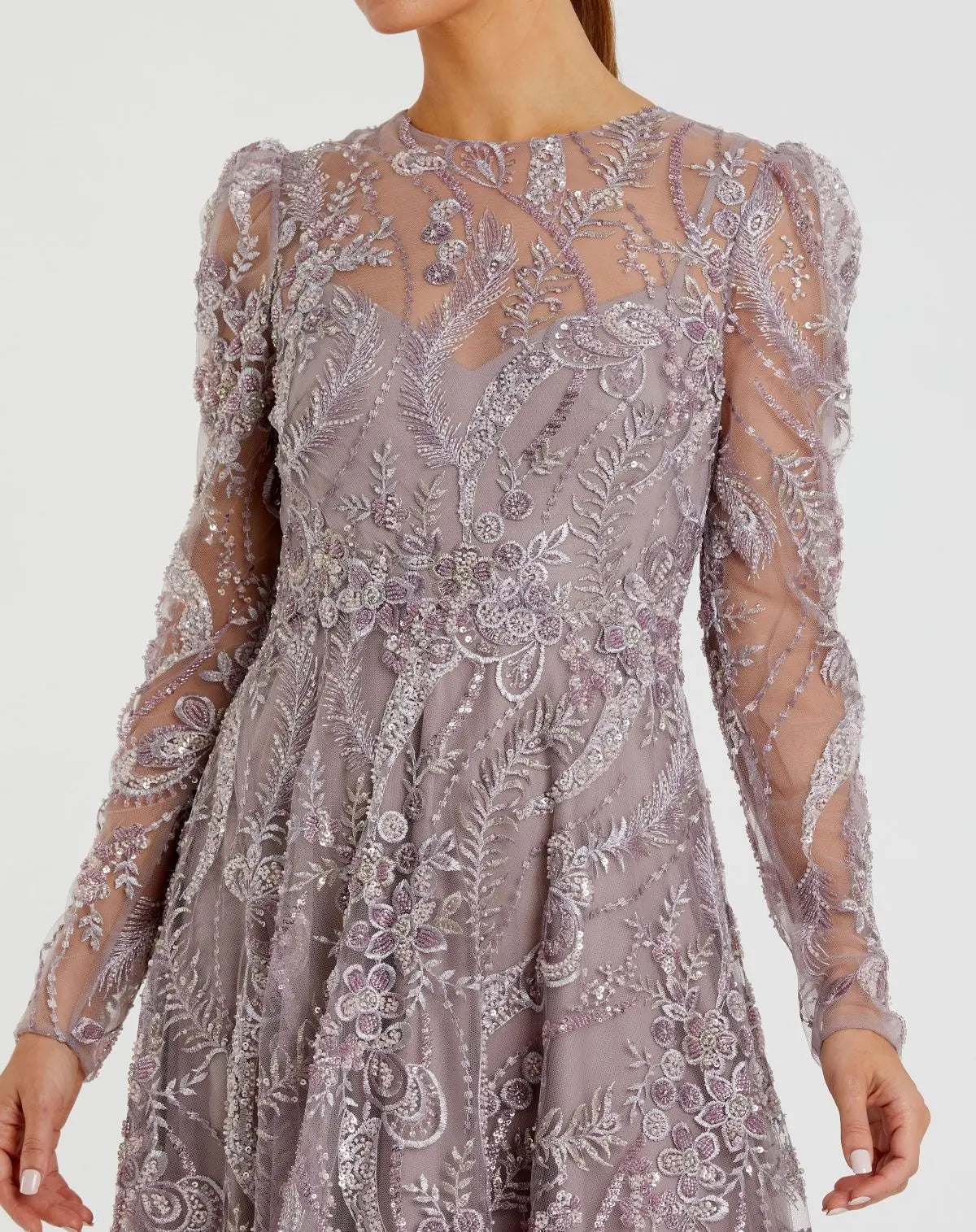 Purple Floral Embroidered High Neck Long Sleeve Dress